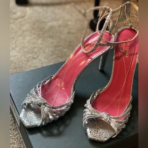 Kate Spade Metallic silver Snake Print Strappy Stiletto Heels Sandals size 10B